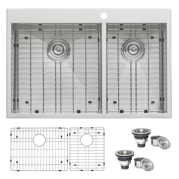 Ruvati 33"x22" Drop-in 60/40 Dbl Bowl 16Ga Zero Radius Topmnt SS Kitchen Sink RVH8050 - main